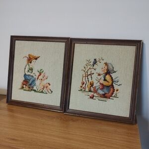 Vintage Hummel Needlepoint Framed Art Girl & Bluebird, Boy & Deer
